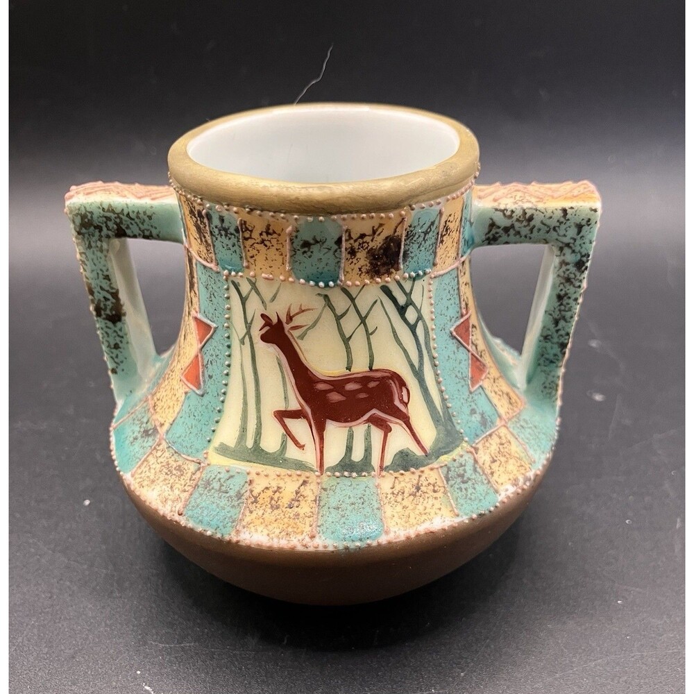 Vintage Nippon 2 Handle Bud Vase Deer In The Forest Scene 3" Japan